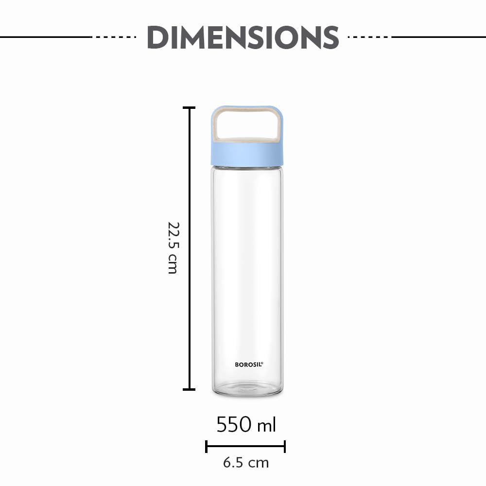 orosil 550ml Neo Water Bottle | Borosilicate Glass Wide Mouth Bottle for Fridge | Extreme Temperature Resistant For Hot & Cold Water, Milk, Lassi, Juice BVUNEBLU550