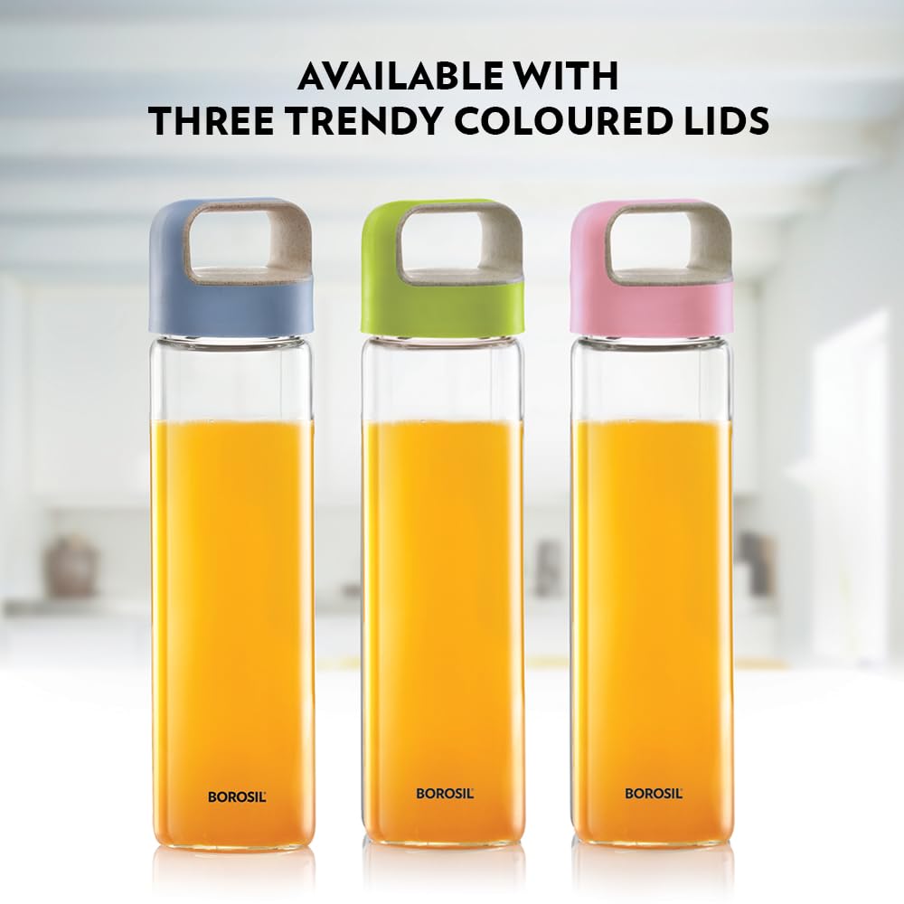 Borosil 750ml Crysto Bottle Set with Lid | Borosilicate Glass Wide Mouth Bottle for Fridge | Extreme Temperature Resistant For Hot & Cold Water, Milk, Lassi, Juice  BVBTWMBLU750