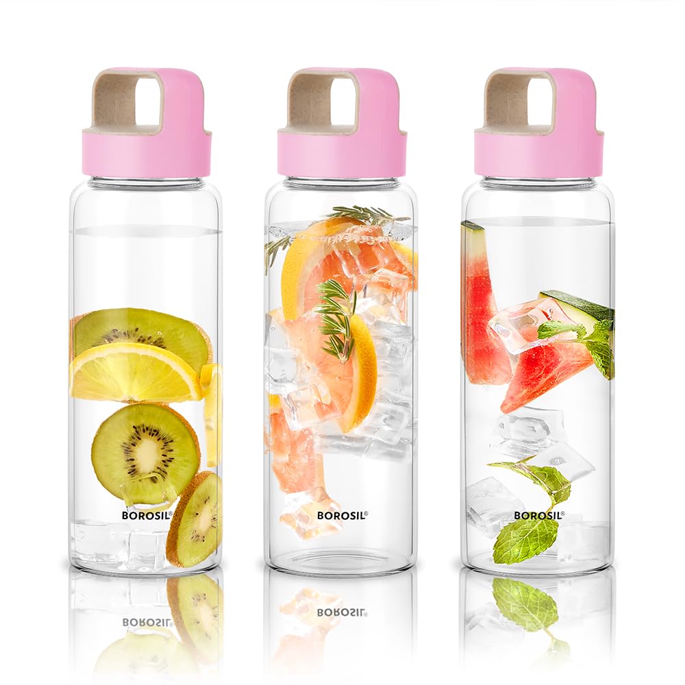 Borosil 750ml Crysto Bottle Set with Lid | Borosilicate Glass Wide Mouth Bottle for Fridge | Extreme Temperature Resistant For Hot & Cold Water, Milk, Lassi, Juice BVBTWMBLU750