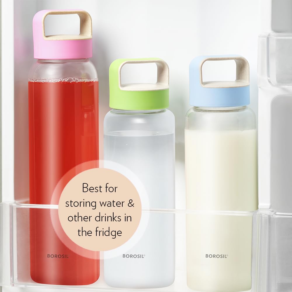 Borosil 750ml Crysto Bottle Set with Lid | Borosilicate Glass Wide Mouth Bottle for Fridge | Extreme Temperature Resistant For Hot & Cold Water, Milk, Lassi, Juice BVBTWMBLU750