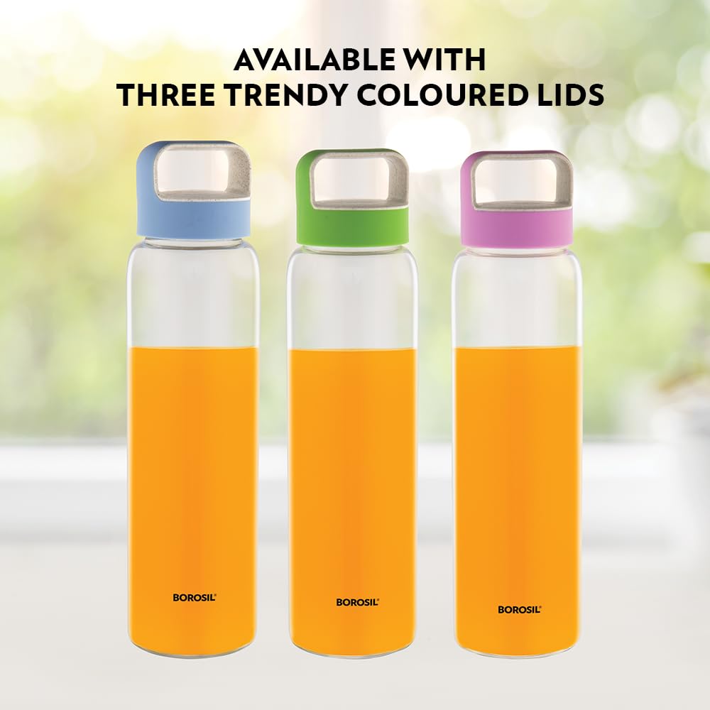 Borosil 1000ml Neo Water Bottle with Green Husk Lid | Borosilicate Glass Wide Mouth Bottle for Fridge | Extreme Temperature Resistant For Hot & Cold Water, Milk, Lassi, Juice | Transparent (3pc) BVUNEBLU1000