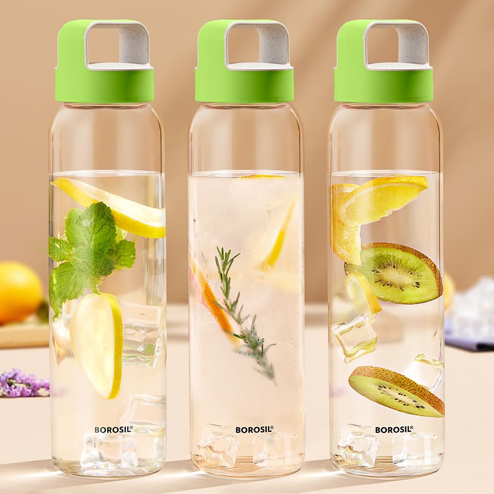 Borosil 1000ml Neo Water Bottle with Green Husk Lid | Borosilicate Glass Wide Mouth Bottle for Fridge | Extreme Temperature Resistant For Hot & Cold Water, Milk, Lassi, Juice | Transparent (3pc) BVUNEBLU1000