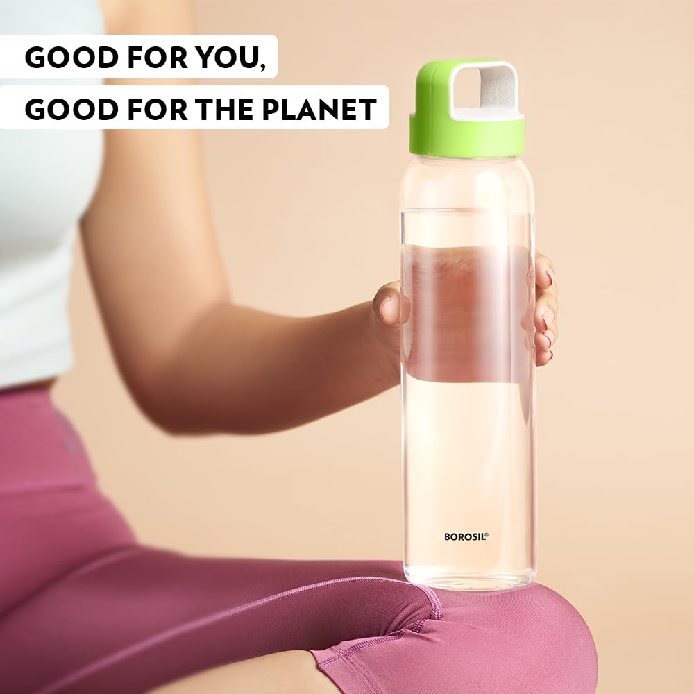 Borosil 1000ml Neo Water Bottle with Green Husk Lid | Borosilicate Glass Wide Mouth Bottle for Fridge | Extreme Temperature Resistant For Hot & Cold Water, Milk, Lassi, Juice | Transparent (3pc) BVUNEBLU1000