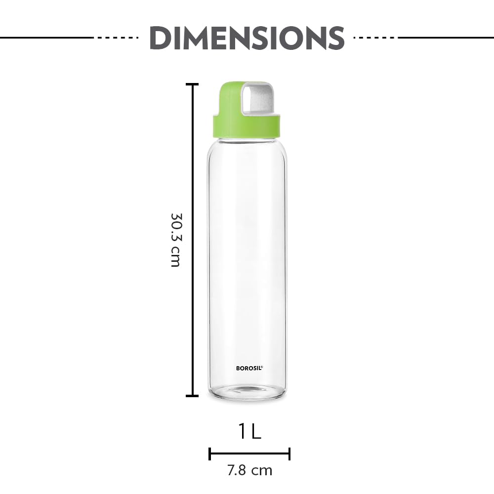 Borosil 1000ml Neo Water Bottle with Green Husk Lid | Borosilicate Glass Wide Mouth Bottle for Fridge | Extreme Temperature Resistant For Hot & Cold Water, Milk, Lassi, Juice | Transparent (3pc) BVUNEBLU1000