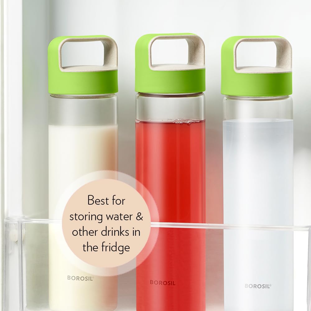 Borosil 1000ml Neo Water Bottle with Green Husk Lid | Borosilicate Glass Wide Mouth Bottle for Fridge | Extreme Temperature Resistant For Hot & Cold Water, Milk, Lassi, Juice | Transparent (3pc) BVUNEBLU1000