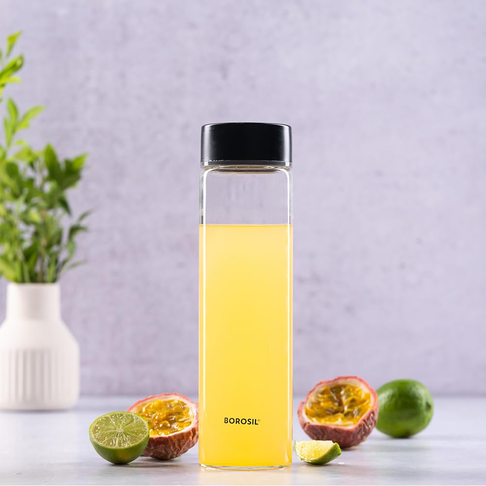 Borosil 550ml Neo Water Bottle Set with Lid | Borosilicate Glass Wide Mouth Bottle for Fridge | Extreme Temperature Resistant For Hot & Cold Water, Milk, Lassi, Juice BVNEOGBSS550