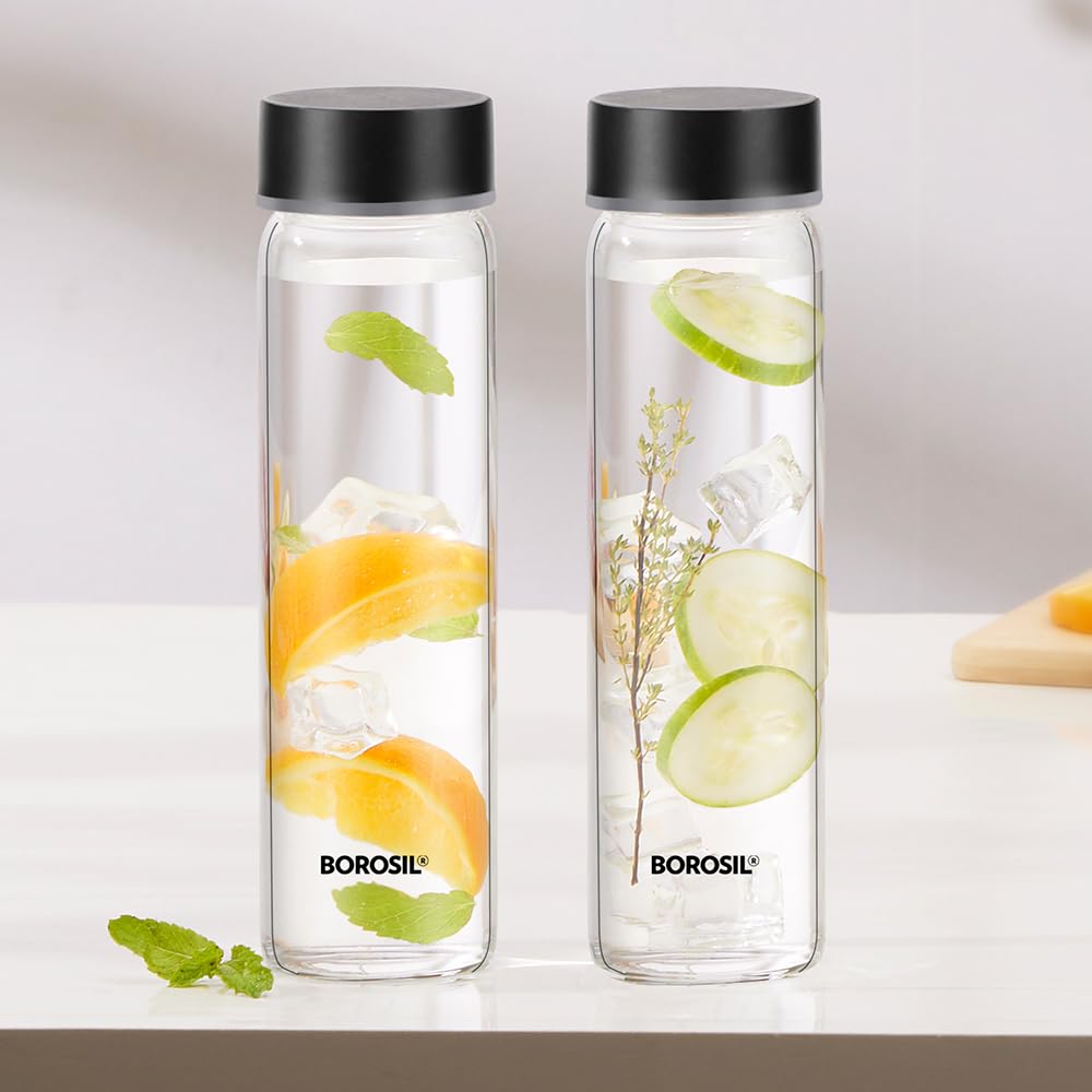 Borosil 550ml Neo Water Bottle Set with Lid | Borosilicate Glass Wide Mouth Bottle for Fridge | Extreme Temperature Resistant For Hot & Cold Water, Milk, Lassi, Juice BVNEOGBSS550