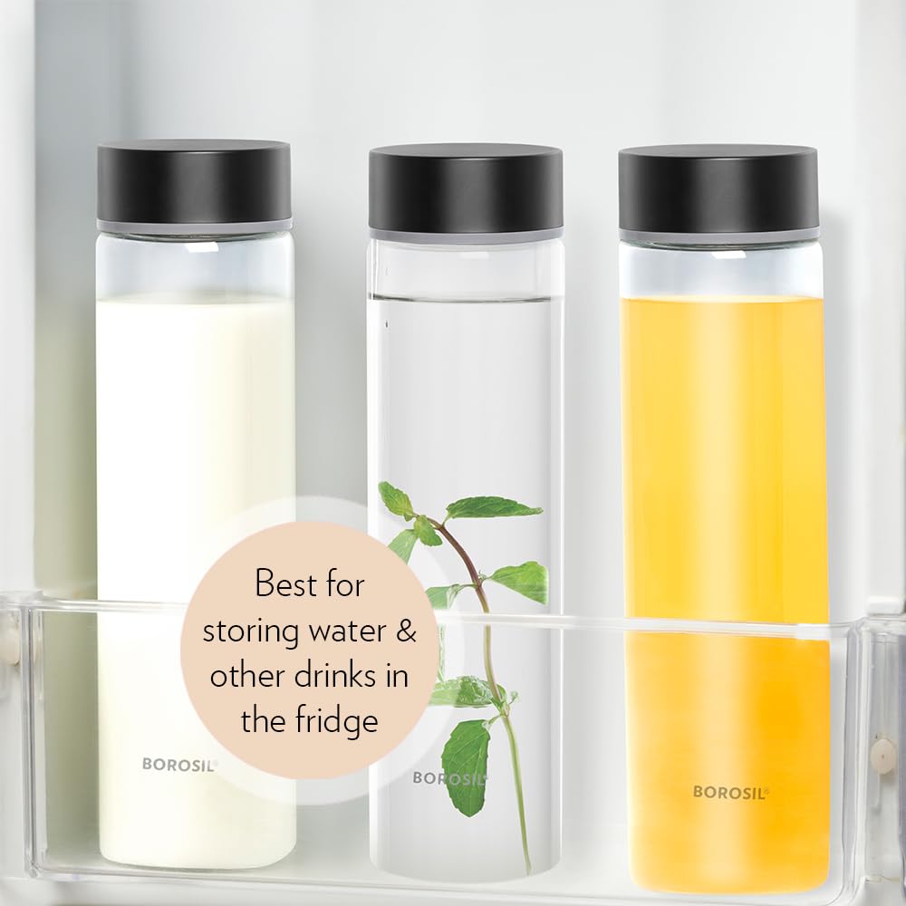 Borosil 550ml Neo Water Bottle Set with Lid | Borosilicate Glass Wide Mouth Bottle for Fridge | Extreme Temperature Resistant For Hot & Cold Water, Milk, Lassi, Juice BVNEOGBSS550