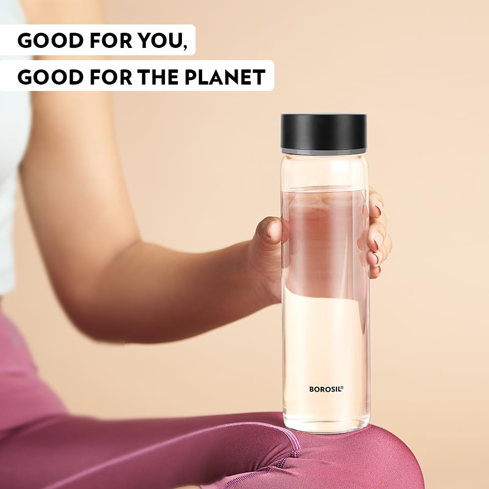 Borosil 550ml Neo Water Bottle Set with Lid | Borosilicate Glass Wide Mouth Bottle for Fridge | Extreme Temperature Resistant For Hot & Cold Water, Milk, Lassi, Juice BVNEOGBSS550