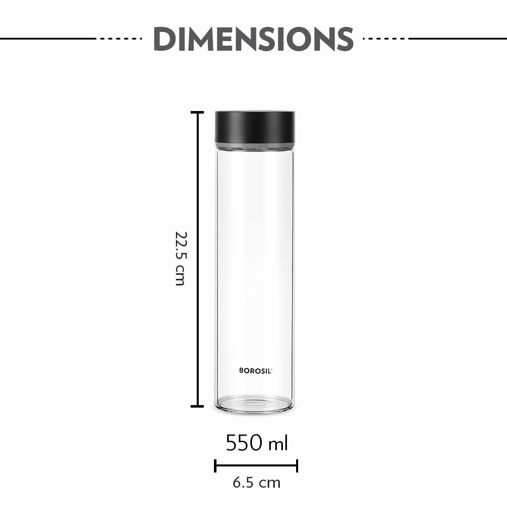 Borosil 550ml Neo Water Bottle Set with Lid | Borosilicate Glass Wide Mouth Bottle for Fridge | Extreme Temperature Resistant For Hot & Cold Water, Milk, Lassi, Juice BVNEOGBSS550