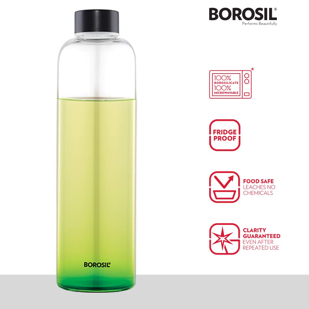 Borosil Crysto Borosilicate Glass Narrow Mouth Water Bottle with Black Lid (Transparent, 1L) BVCRSMBSS1000