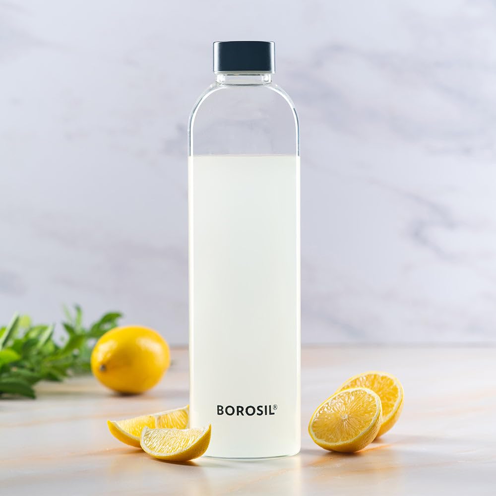Borosil Crysto Glass Bottle 750ml (Pack of 2) Black Lid | Narrow Mouth, 100% Borosilicate, Extreme Temperature Resistant, Leak-Proof, Freezer Safe | Stylish & Transparent, 750ml for Water, Juice, Milk   BVCRSMBSS0750