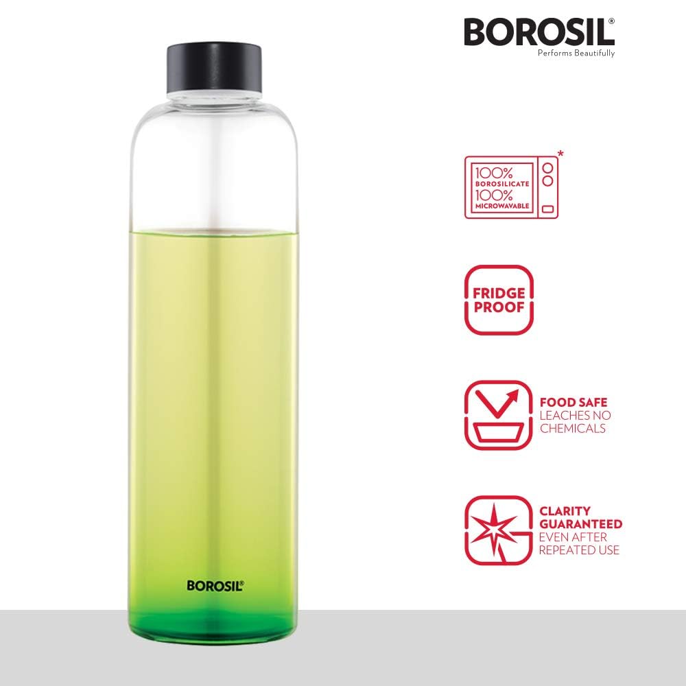 Borosil Crysto Glass Bottle 750ml (Pack of 2) Black Lid | Narrow Mouth, 100% Borosilicate, Extreme Temperature Resistant, Leak-Proof, Freezer Safe | Stylish & Transparent, 750ml for Water, Juice, Milk   BVCRSMBSS0750