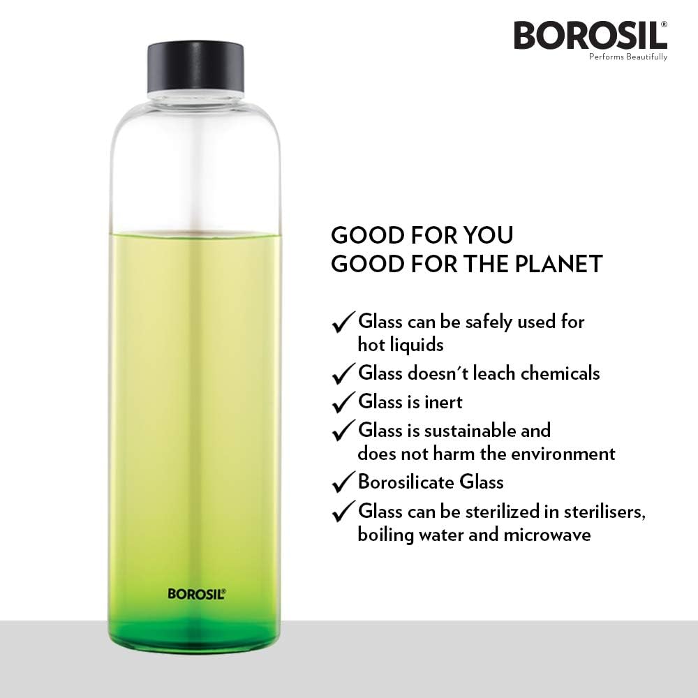 Borosil Crysto Glass Bottle 750ml (Pack of 2) Black Lid | Narrow Mouth, 100% Borosilicate, Extreme Temperature Resistant, Leak-Proof, Freezer Safe | Stylish & Transparent, 750ml for Water, Juice, Milk   BVCRSMBSS0750