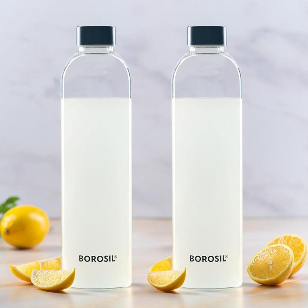 Borosil Crysto Glass Bottle 750ml (Pack of 2) Black Lid | Narrow Mouth, 100% Borosilicate, Extreme Temperature Resistant, Leak-Proof, Freezer Safe | Stylish & Transparent, 750ml for Water, Juice, Milk   BVCRSMBSS0750
