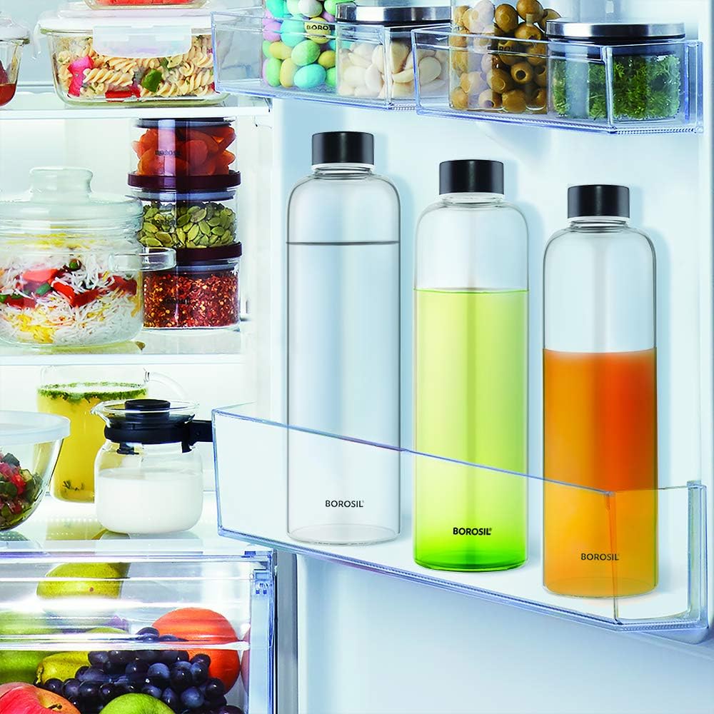 Borosil Crysto Glass Bottle 750ml (Pack of 2) Black Lid | Narrow Mouth, 100% Borosilicate, Extreme Temperature Resistant, Leak-Proof, Freezer Safe | Stylish & Transparent, 750ml for Water, Juice, Milk   BVCRSMBSS0750