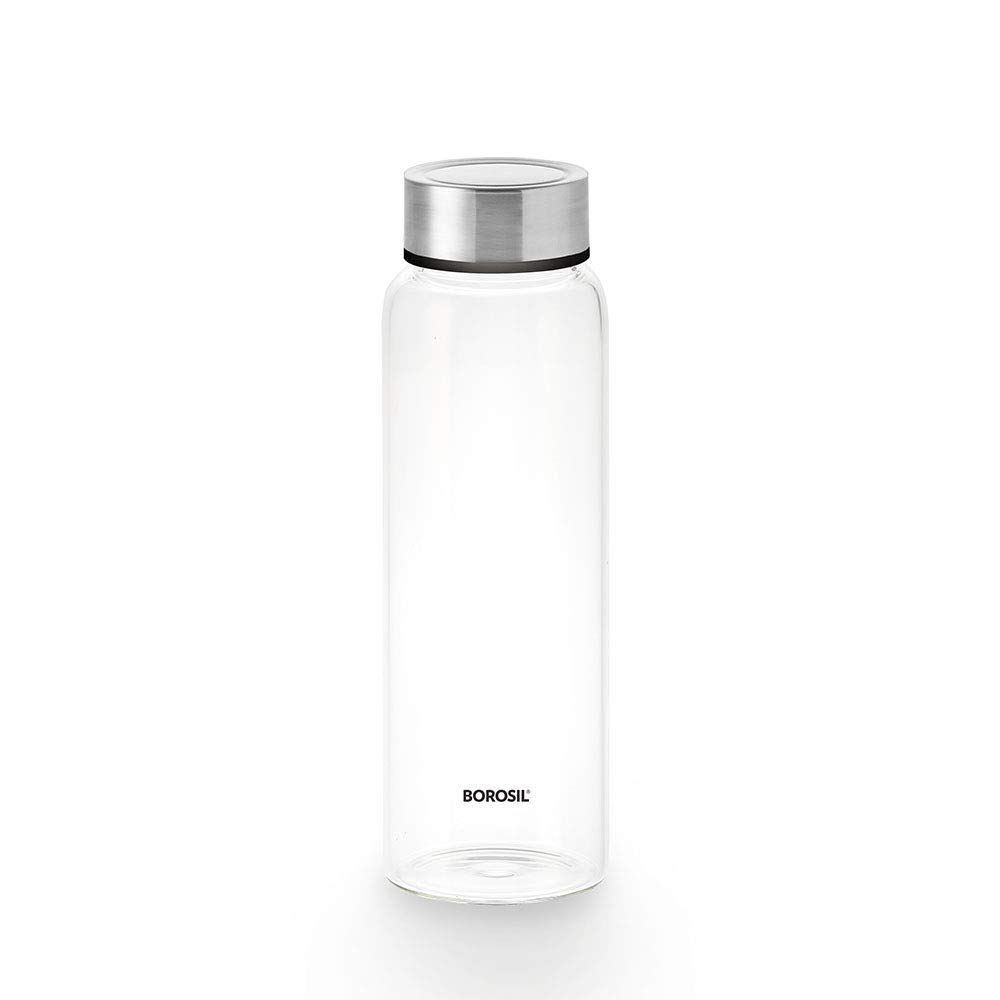 Borosil 750ml Crysto Water Bottle Set | Borosilicate Glass Wide Mouth Bottle for Fridge | Extreme Temperature Resistant For Hot & Cold Water, Milk, Lassi, Juice BVBTCWM750SS