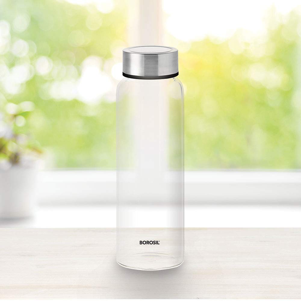 Borosil Crysto Borosilicate Glass Water Bottle, Stainless Steel Lid, Narrow Mouth for Fridge and Office (Transparent, 750 ml  BVCRSMSS0750