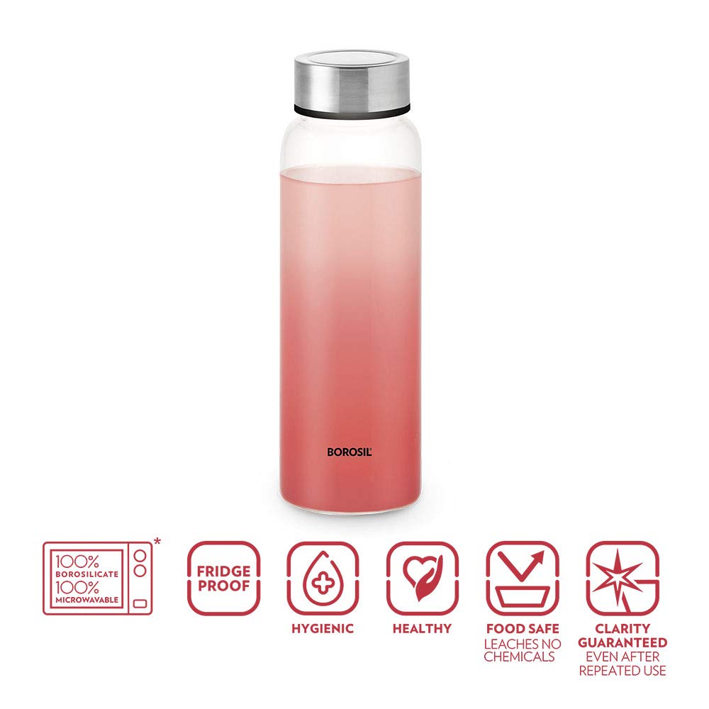Borosil Crysto Borosilicate Glass Water Bottle, Stainless Steel Lid, Narrow Mouth for Fridge and Office 1 L BVCRSMSS1000