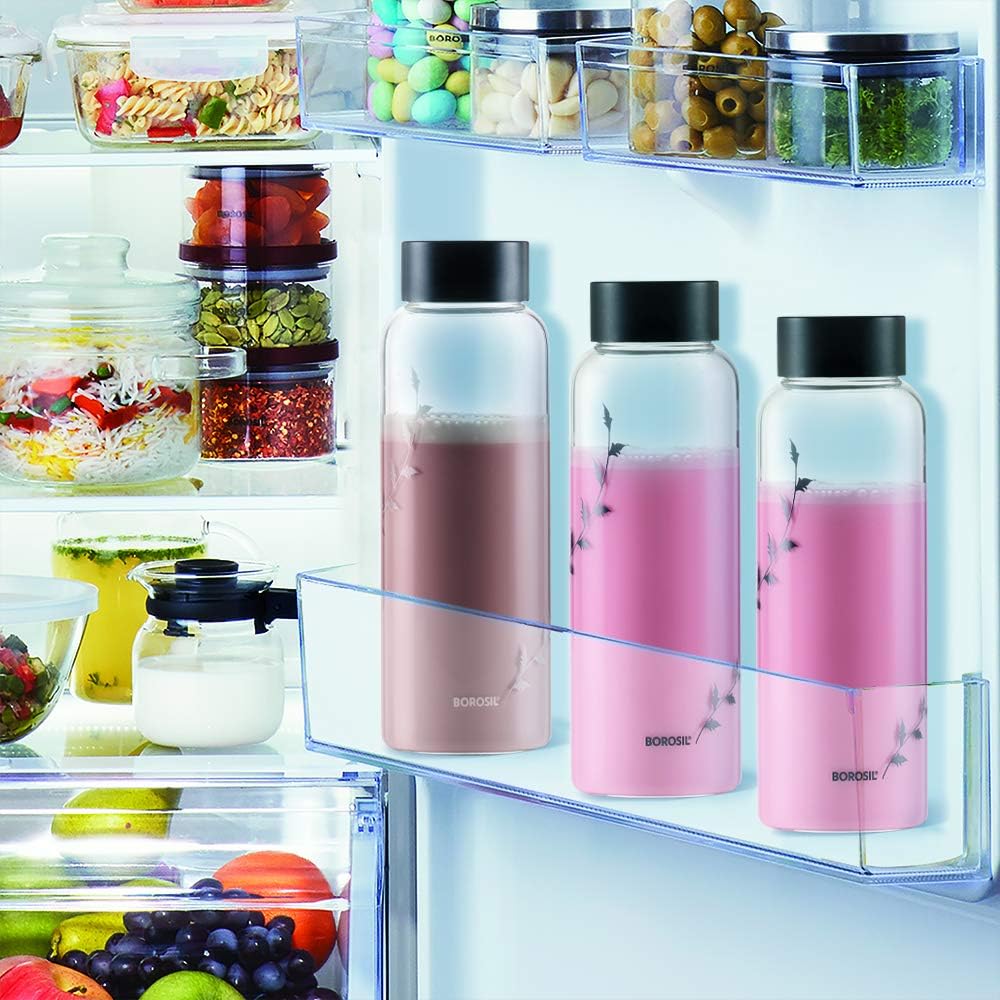 Borosil Crysto Krip Glass Water Bottle 1L (Pack of 2) Borosilicate, Extreme Temperature Resistant, Leak-Proof, Freezer Safe | Perfect for Hydration, Stylish & Transparent, 1000ml   BVCRWDBKBSS1000