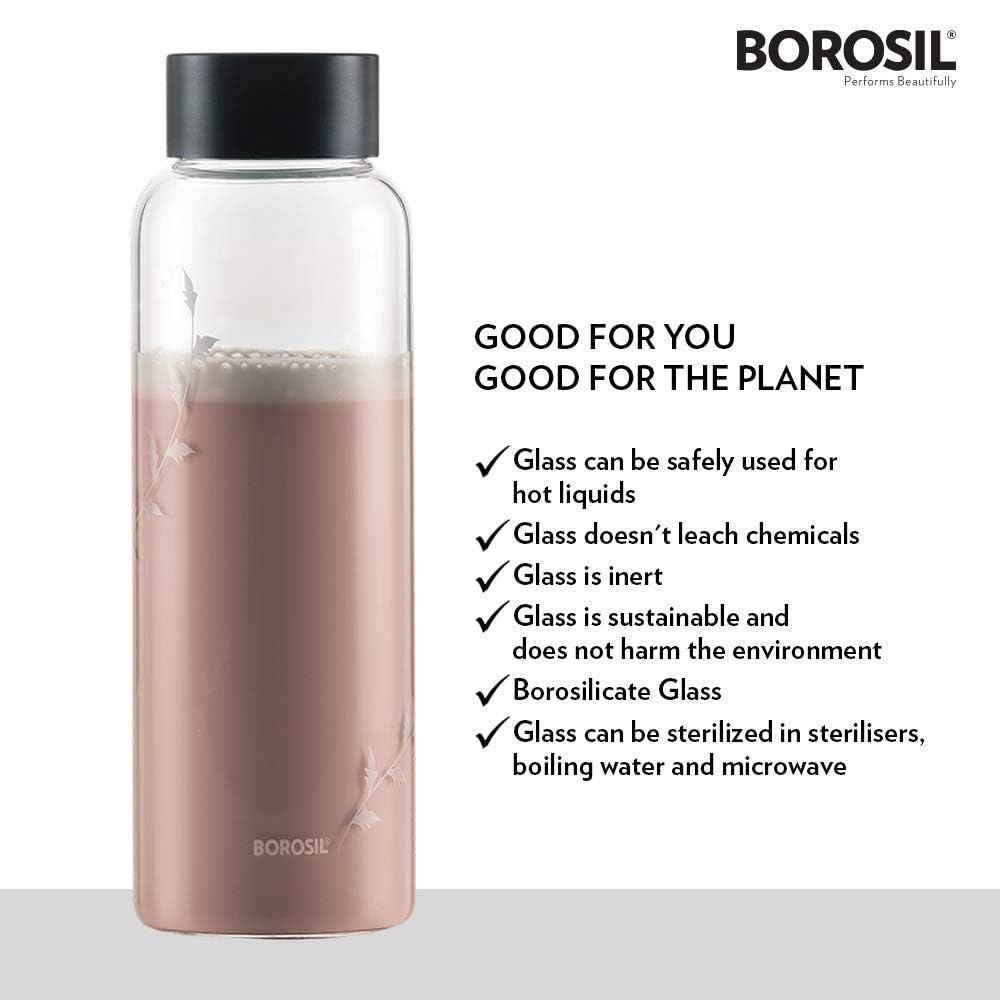 Borosil Crysto Krip Glass Water Bottle 1L (Pack of 2) Borosilicate, Extreme Temperature Resistant, Leak-Proof, Freezer Safe | Perfect for Hydration, Stylish & Transparent, 1000ml   BVCRWDBKBSS1000