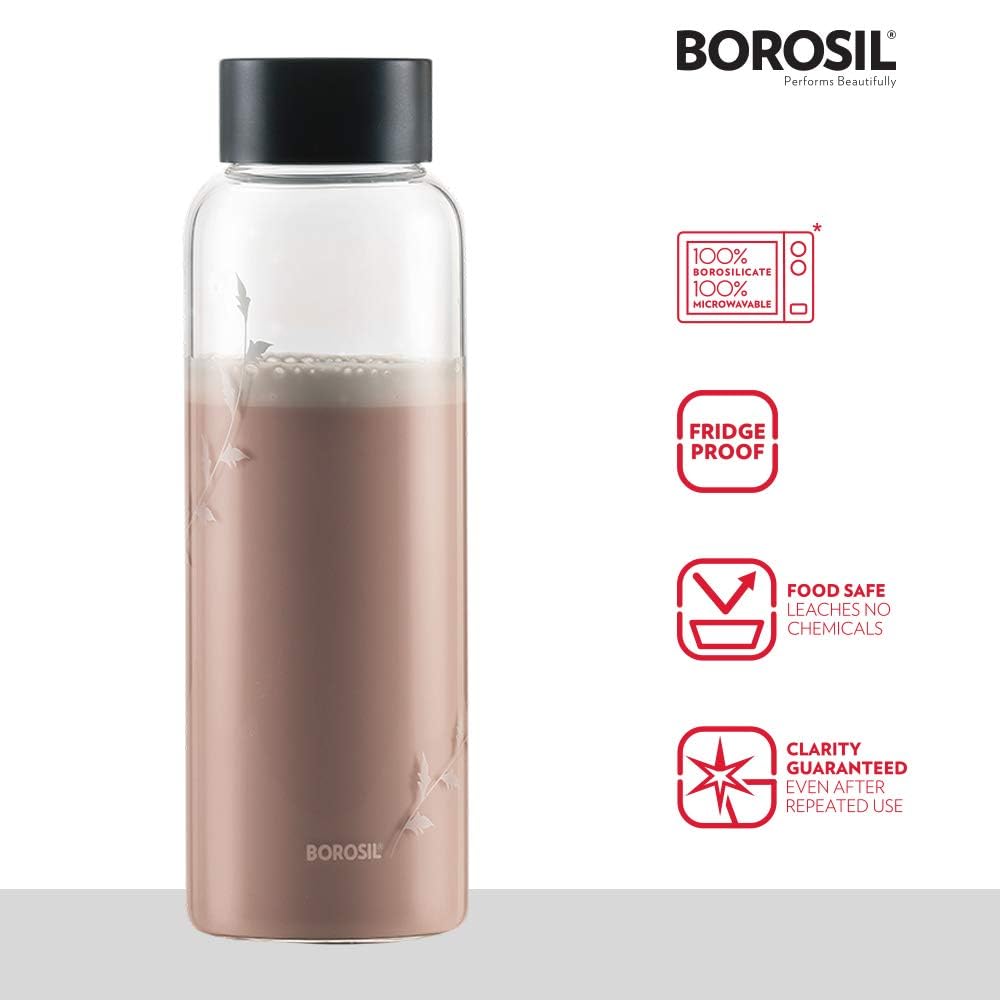 Borosil Crysto Krip Glass Water Bottle 1L (Pack of 2) Borosilicate, Extreme Temperature Resistant, Leak-Proof, Freezer Safe | Perfect for Hydration, Stylish & Transparent, 1000ml   BVCRWDBKBSS1000