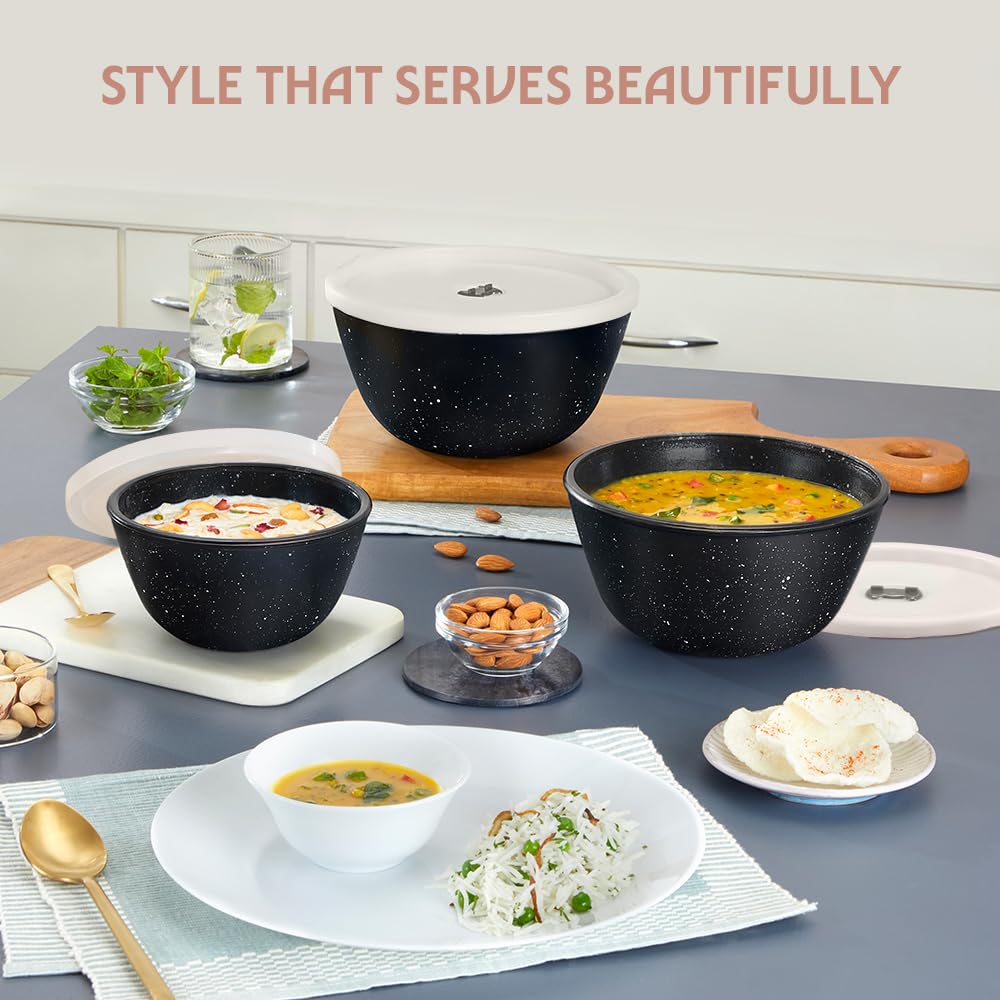 Borosil 500 ml Serving & Mixing Bowl with Lid | Made in India Borosilicate Glass Bowl for Kitchen & Dinning | Bowl for Mixing Dough, Salad, Batter | Microwave & Dishwasher Safe (Pebble Black)  BGFGBBWL0085