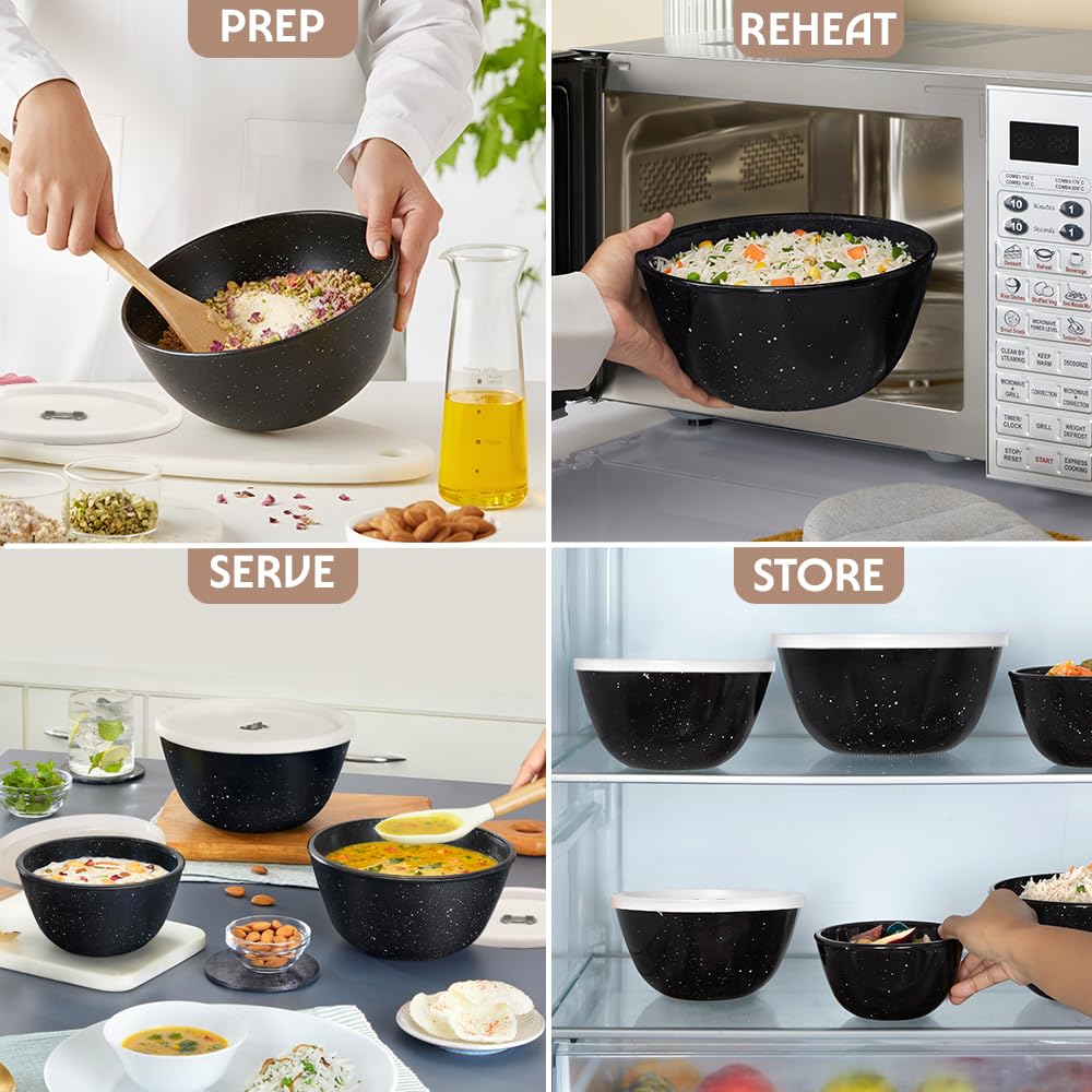 Borosil 750ml Serving & Mixing Bowl with Lid | Made in India Borosilicate Glass Bowl for Kitchen & Dinning | Bowl for Mixing Dough, Salad, Batter | Microwave & Dishwasher Safe (Pebble Black) BGFGBBWL0088