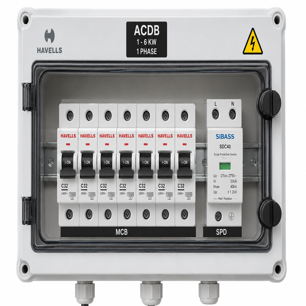 ACDB : 1 - 6 KW HAVELLS(MCB) - SIBASS(SPD) 1 PHASE