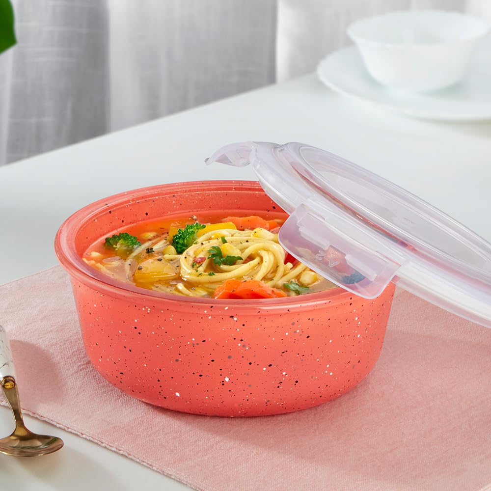 Borosil 950 ml Kube Pink Food Storage Container with Air Tight Lid | Round Shape Borosilicate Glass Organiser | Microwave & Dishwasher Safe | For Fridge, Kitchen Storage BGFGBKNS0117