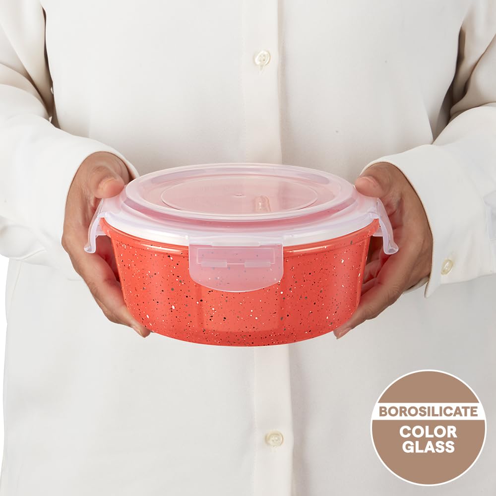 Borosil 950 ml Kube Pink Food Storage Container with Air Tight Lid | Round Shape Borosilicate Glass Organiser | Microwave & Dishwasher Safe | For Fridge, Kitchen Storage BGFGBKNS0117