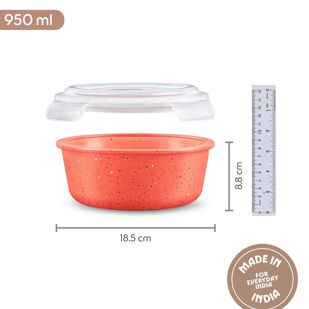Borosil 950 ml Kube Pink Food Storage Container with Air Tight Lid | Round Shape Borosilicate Glass Organiser | Microwave & Dishwasher Safe | For Fridge, Kitchen Storage BGFGBKNS0117