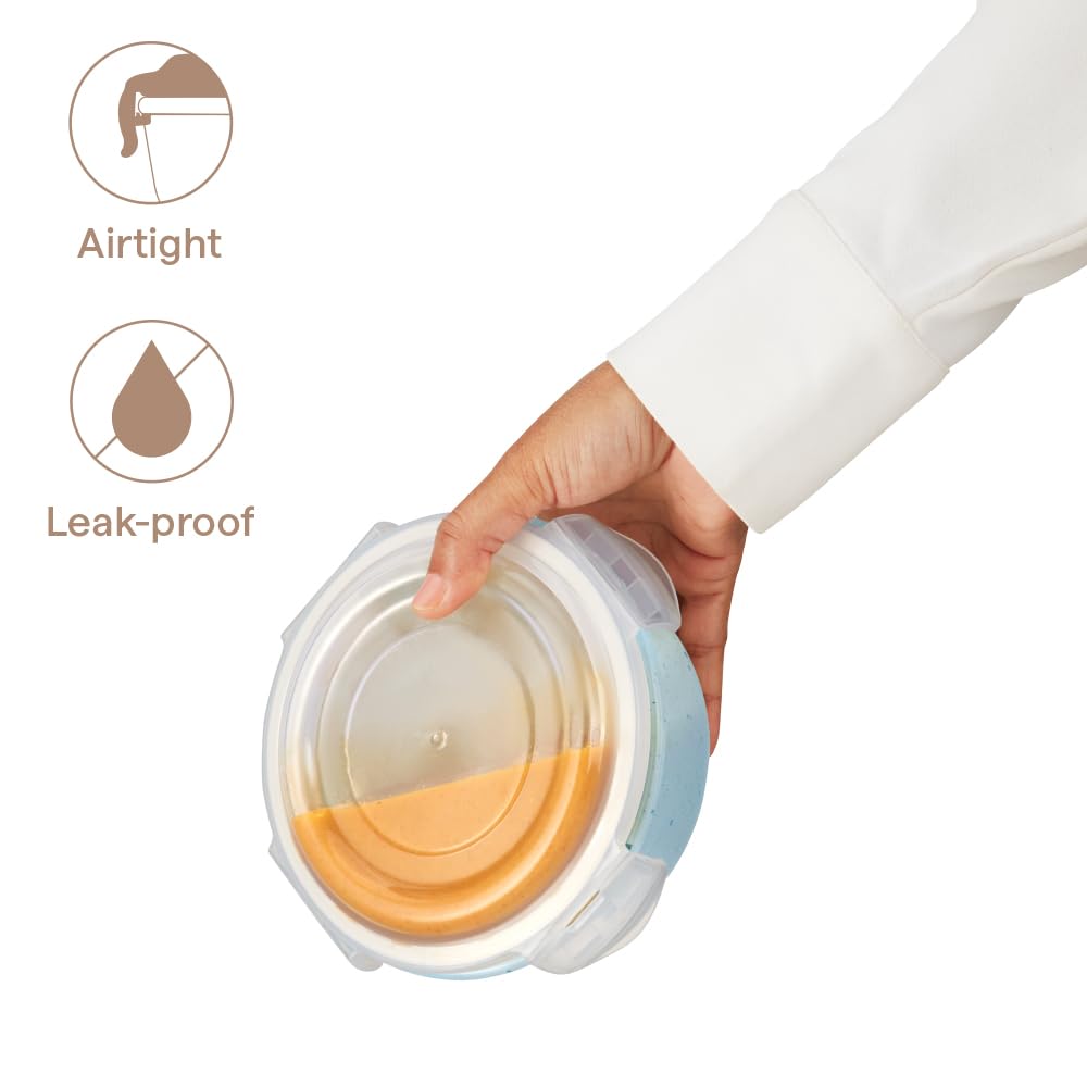 Borosil 620 ml Blue Food Storage Container with Air Tight Lid | Round Shape Borosilicate Glass Organiser | Microwave & Dishwasher Safe | For Fridge, Kitchen Storage BGFGBKNS0156