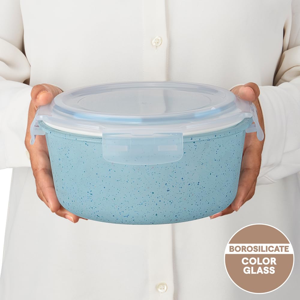 Borosil 620 ml Blue Food Storage Container with Air Tight Lid | Round Shape Borosilicate Glass Organiser | Microwave & Dishwasher Safe | For Fridge, Kitchen Storage BGFGBKNS0156