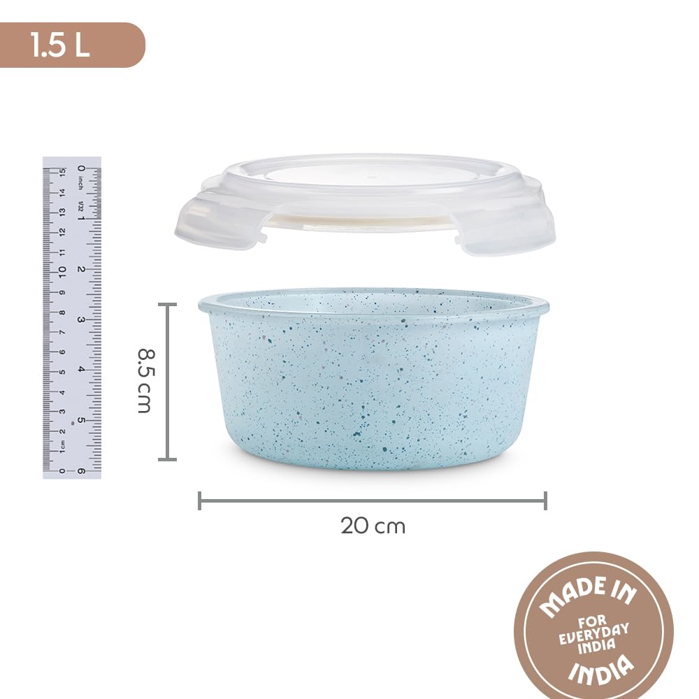 Borosil 620 ml Blue Food Storage Container with Air Tight Lid | Round Shape Borosilicate Glass Organiser | Microwave & Dishwasher Safe | For Fridge, Kitchen Storage BGFGBKNS0156