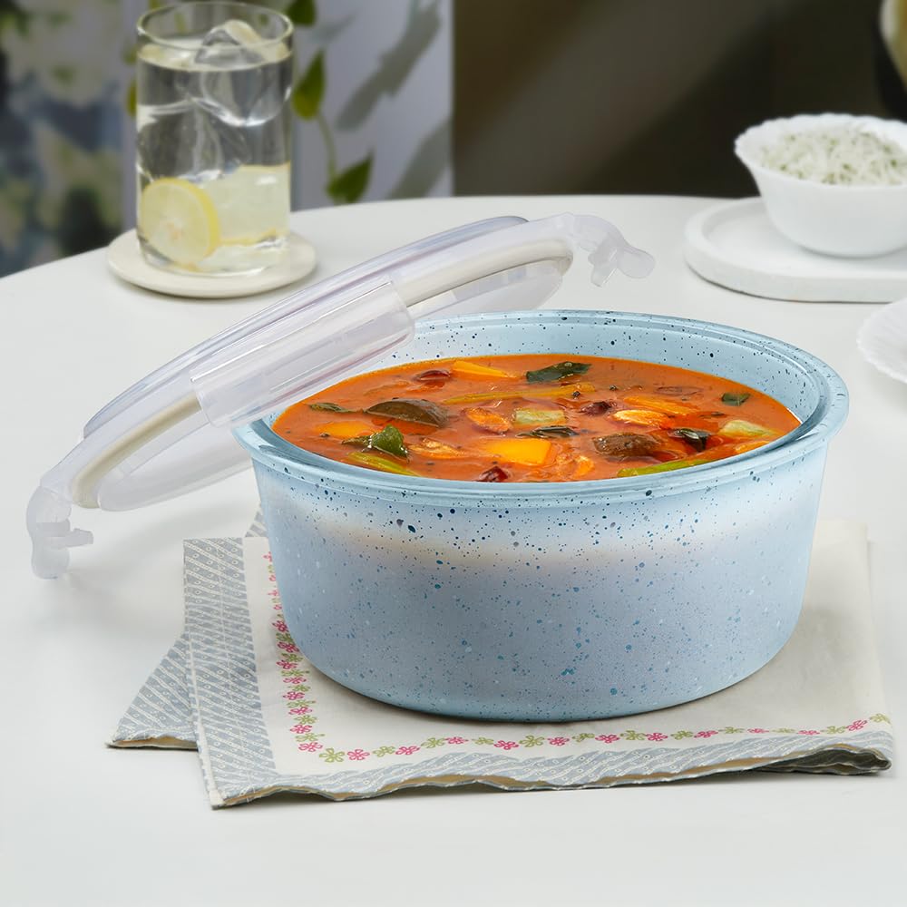 Borosil 400 ml Blue Food Storage Container with Air Tight Lid | Round Shape Borosilicate Glass Organiser | Microwave & Dishwasher Safe | For Fridge, Kitchen Storage BGFGBKNS0155