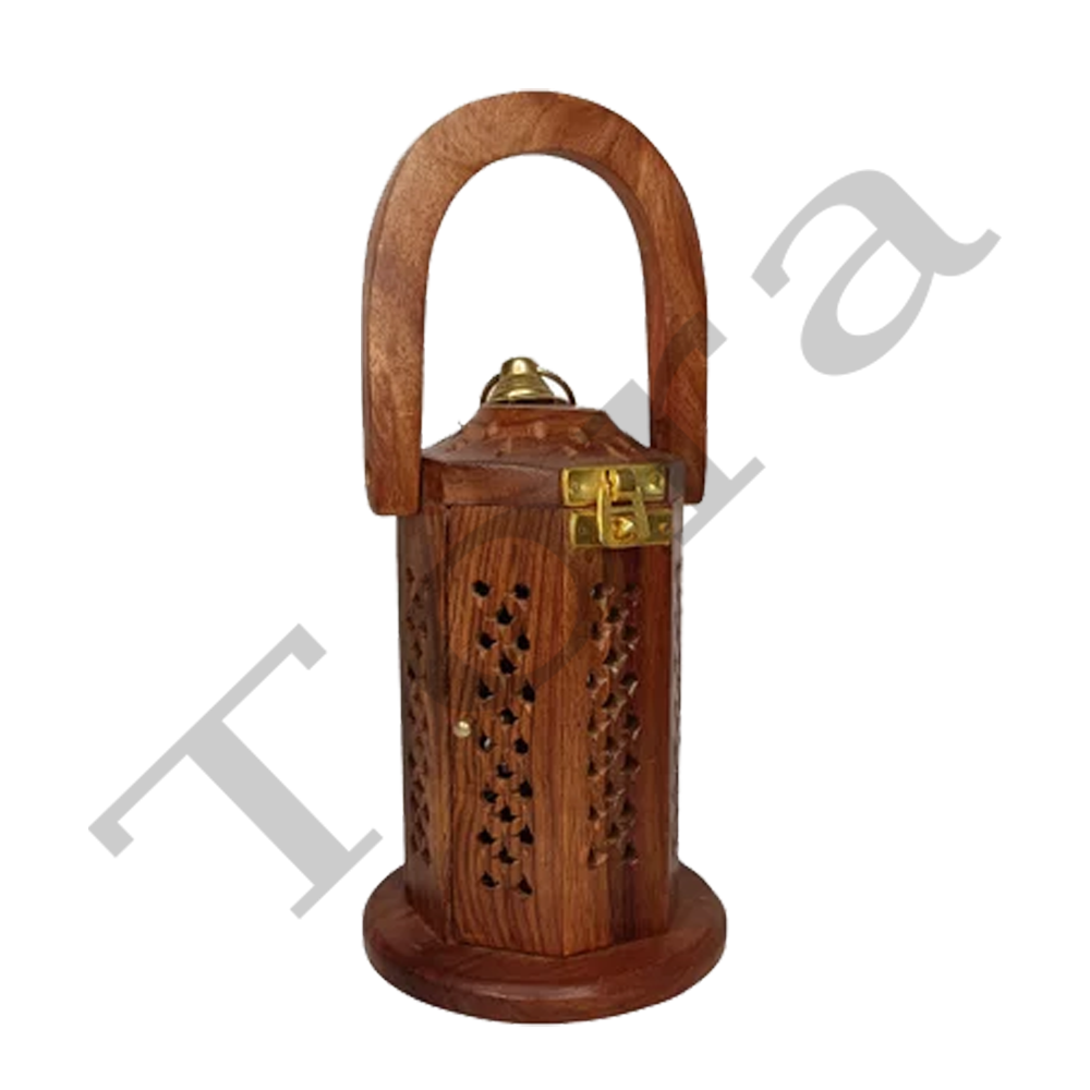 Tora Sheesham Wood Lantern Incense Holder (19x9x9 Cm) - Handmade, Antique Finish, Carved Wooden Detailing