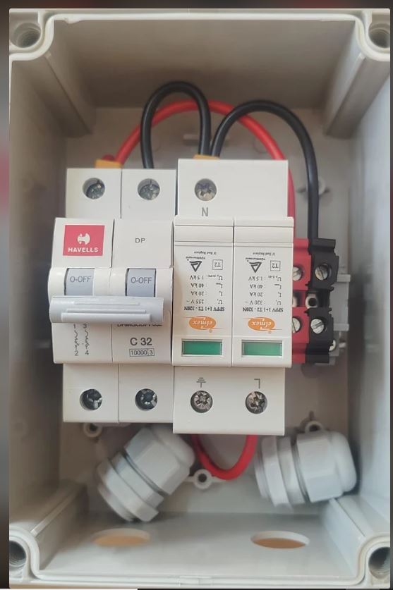 ACDB : 1 - 6 KW HAVELLS(MCB) - ELMEX(SPD) 1 PHASE DCDB : 1 - 4 KW HAVELLS (MCB) - ELMEX(SPD) 1 IN 1 OUT