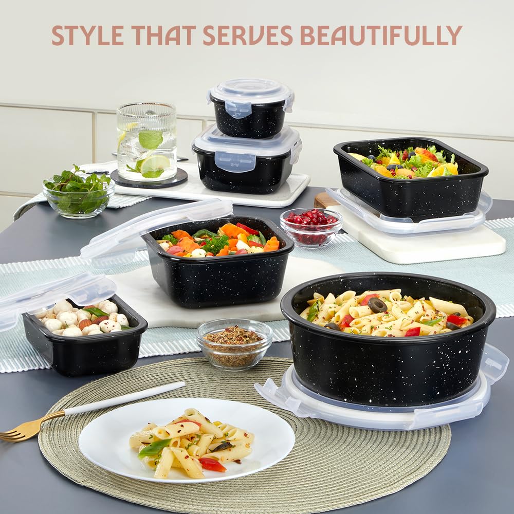 Borosil 320ml Pebble Black Food Storage Container with Air Tight Lid | Square Shape Borosilicate Glass Organiser | Microwave & Dishwasher Safe | For Fridge, Kitchen Storage BGFGBKNS0133