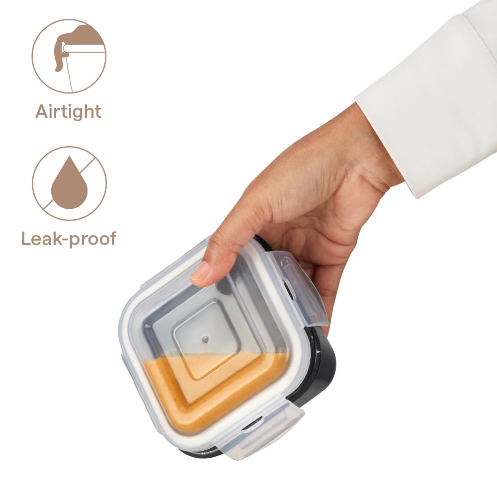 Borosil 320ml Pebble Black Food Storage Container with Air Tight Lid | Square Shape Borosilicate Glass Organiser | Microwave & Dishwasher Safe | For Fridge, Kitchen Storage BGFGBKNS0133
