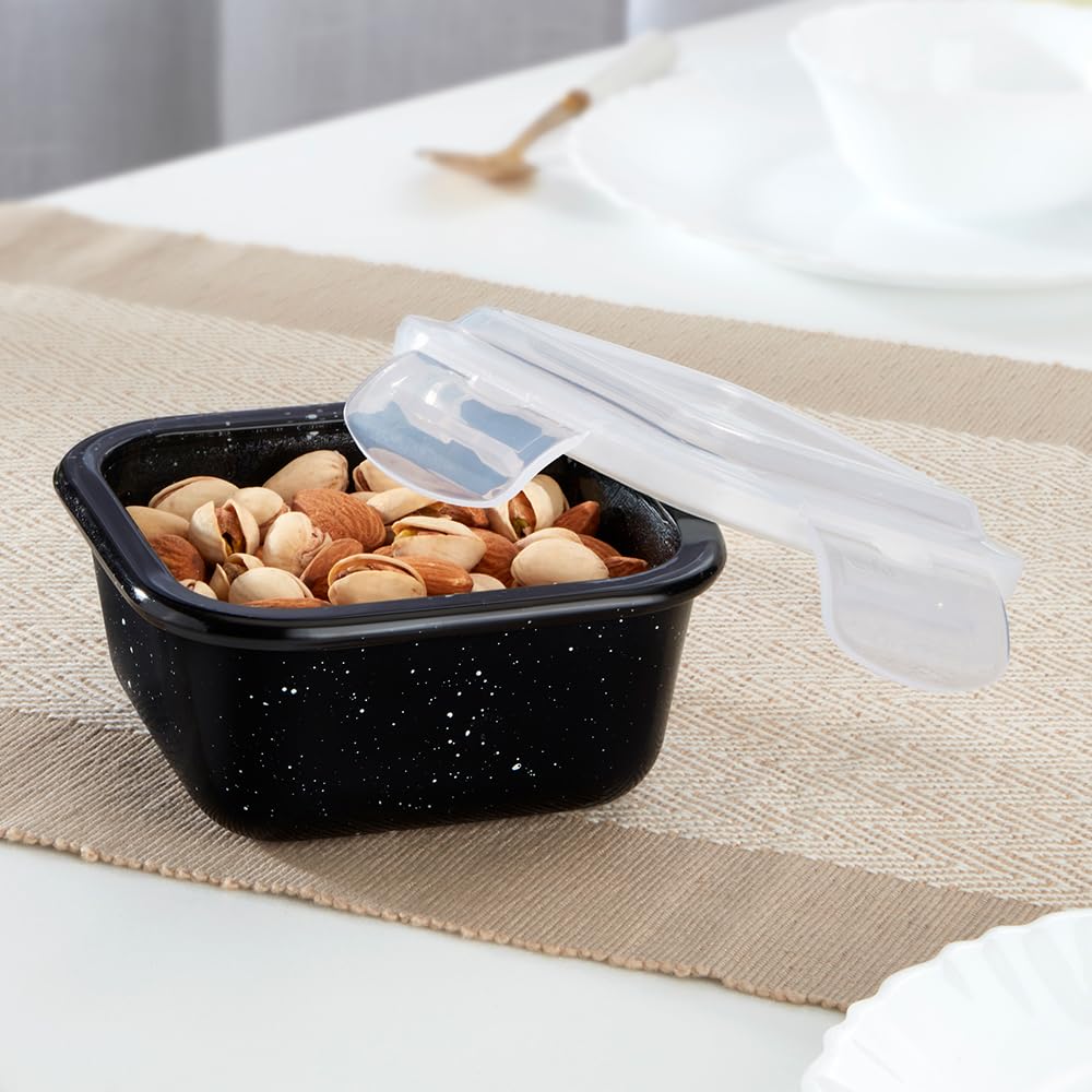Borosil 520 ml Pebble Black Food Storage Container with Air Tight Lid | Square Shape Borosilicate Glass Organiser | Microwave & Dishwasher Safe | For Fridge, Kitchen Storage BGFGBKNS0134