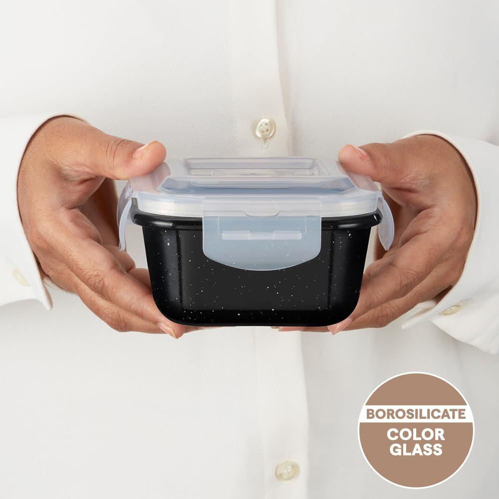 Borosil 520 ml Pebble Black Food Storage Container with Air Tight Lid | Square Shape Borosilicate Glass Organiser | Microwave & Dishwasher Safe | For Fridge, Kitchen Storage BGFGBKNS0134