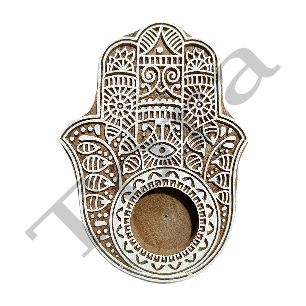 Tora Hamsa Wooden Block Tealight Candle Holder Export Quality Handmade (TCLH6501)