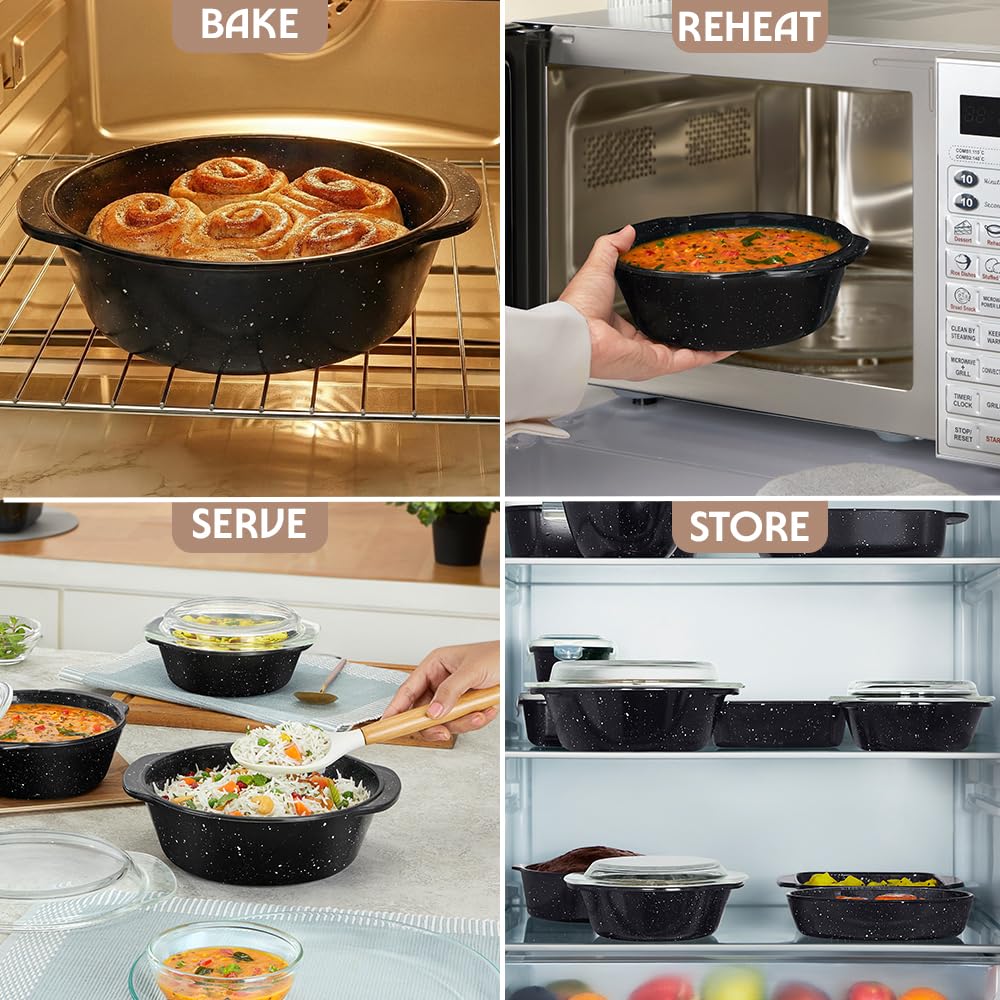 Borosil 700ml Pebble Black Round Deep Casserole with Lid | Borosilicate Glass Bakeware & Serveware Bowl with Flat Lid | Microwave, Dishawasher & Oven Safe Multipurpose Bowl for Mixing Dough, Salad, Batter BGFGBCAS0012