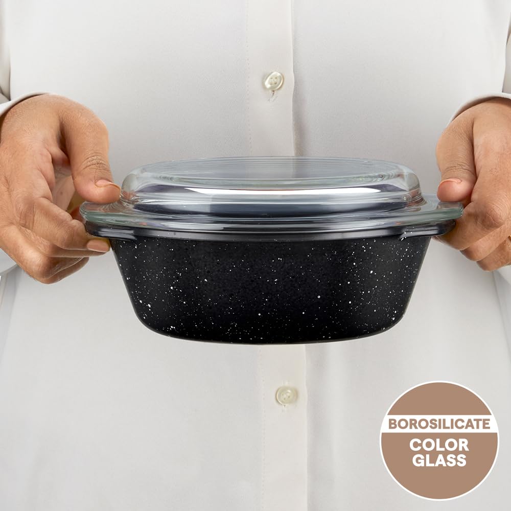 Borosil 700ml Pebble Black Round Deep Casserole with Lid | Borosilicate Glass Bakeware & Serveware Bowl with Flat Lid | Microwave, Dishawasher & Oven Safe Multipurpose Bowl for Mixing Dough, Salad, Batter BGFGBCAS0012