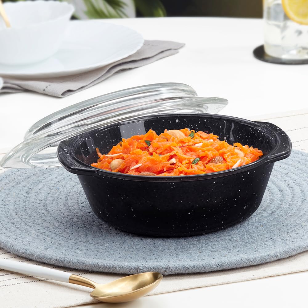 Borosil 1 Ltr Pebble Black Round Deep Casserole with Lid | Borosilicate Glass Bakeware & Serveware Bowl with Flat Lid | Microwave, Dishawasher & Oven Safe Multipurpose Bowl for Mixing Dough, Salad, Batter BGFGBCAS0011