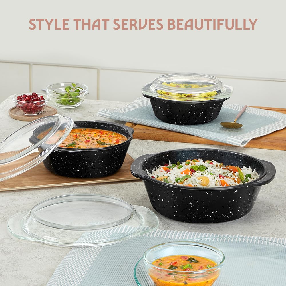 Borosil 1 Ltr Pebble Black Round Deep Casserole with Lid | Borosilicate Glass Bakeware & Serveware Bowl with Flat Lid | Microwave, Dishawasher & Oven Safe Multipurpose Bowl for Mixing Dough, Salad, Batter BGFGBCAS0011