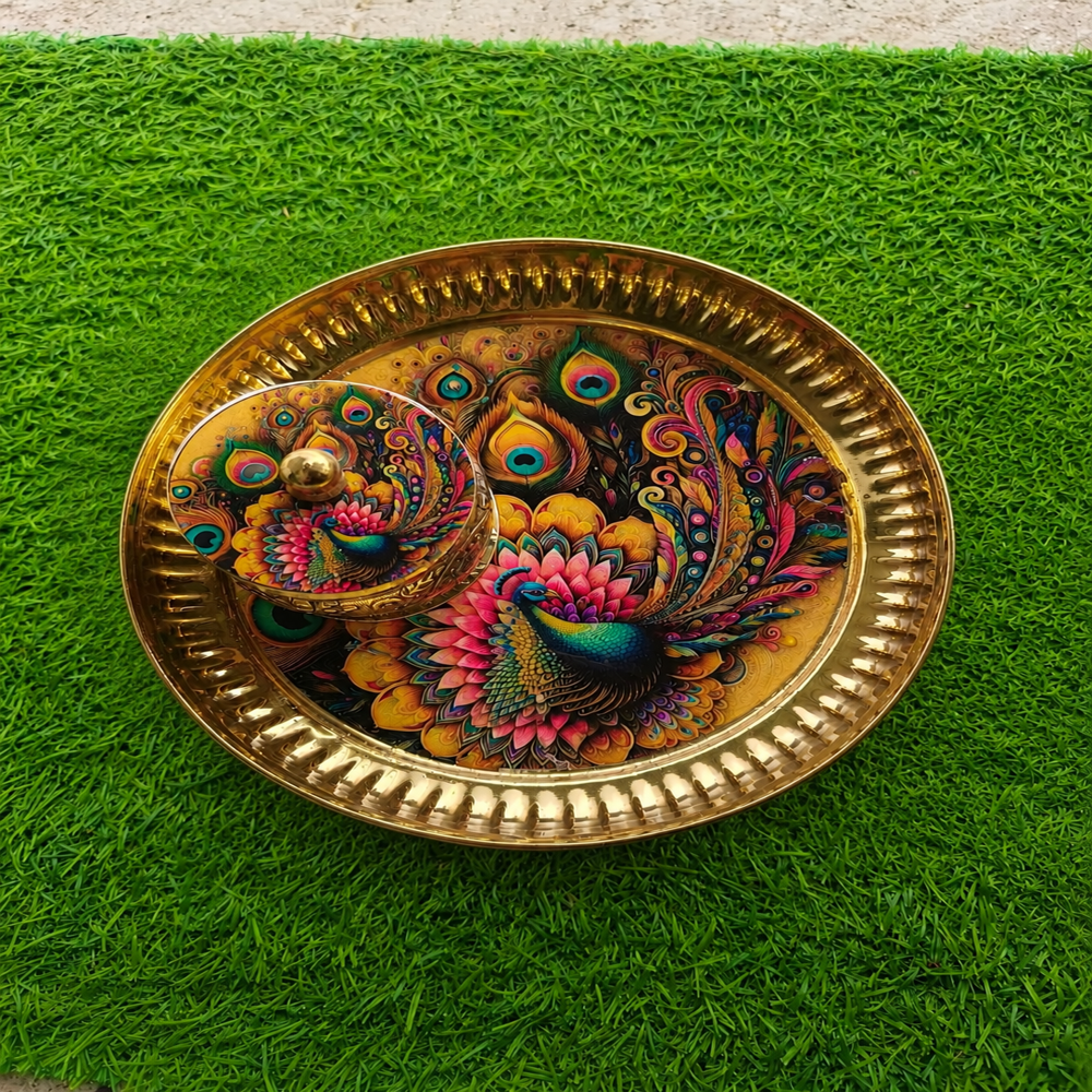 Peacock Pooja Thali - Color: Gold With Multicolor