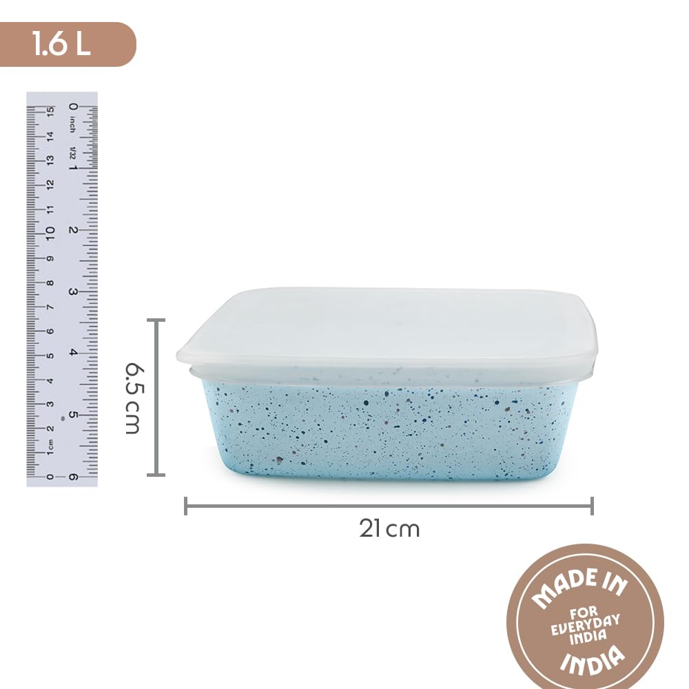 Borosil 1.6 L Blue Baking & Serving Dish with Lid | Borosilicate Glass Square Shape Bakeware and Serveware Casserole Dish Tray | Microwave, Oven & Dishwasher Safe Bowl BGFGBDSH0015