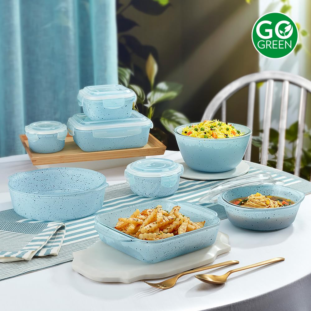 Borosil 800 mL Blue Baking & Serving Dish with Lid | Borosilicate Glass Square Shape Bakeware and Serveware Casserole Dish Tray | Microwave, Oven & Dishwasher Safe Bowl BGFGBDSH0014